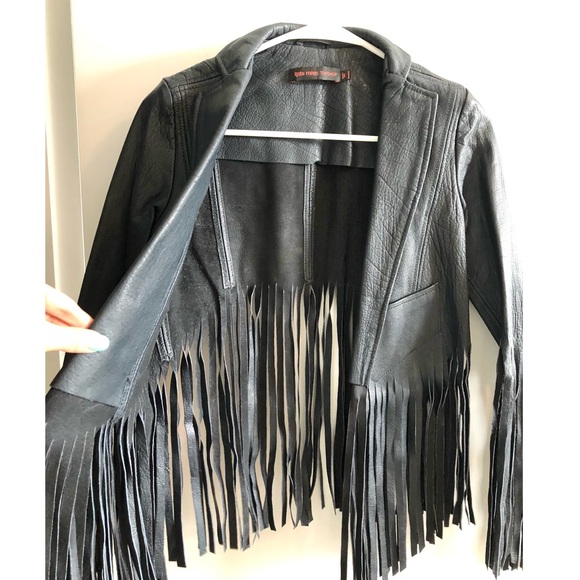 Kate Moss for Topshop Deep Charcoal Navy Fringed Leather Jacket - Picture 12 of 16